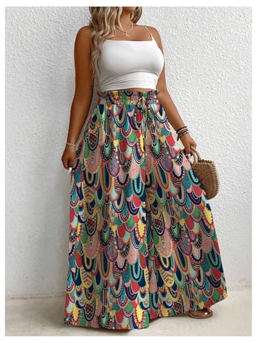 OYOANGLE Women's Plus Size Boho Printed Drawstring Elastic High Waist Palazzo Pants Casual Loose Trousers2