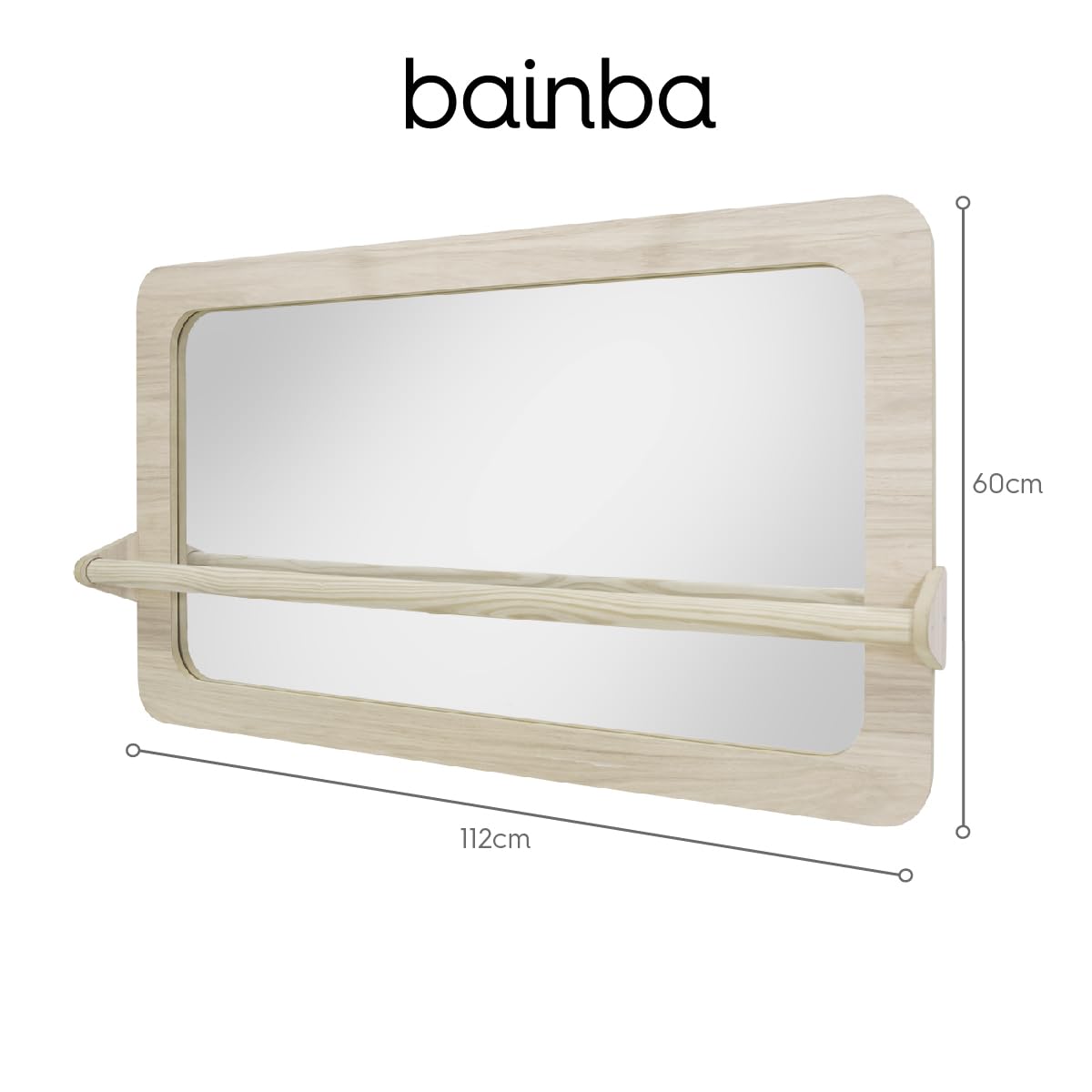 Bainba Espejo Montessori bebé con Barra Abedul | 3 Posiciones Regulables | Cristal Irrompible de Seguridad | 112 x 60 cm | Fijación en la Pared | Hecho en España