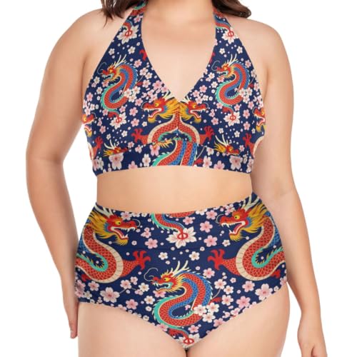 Maillot de bain deux pièces Curvy dragons colorés pour femme L-4XL