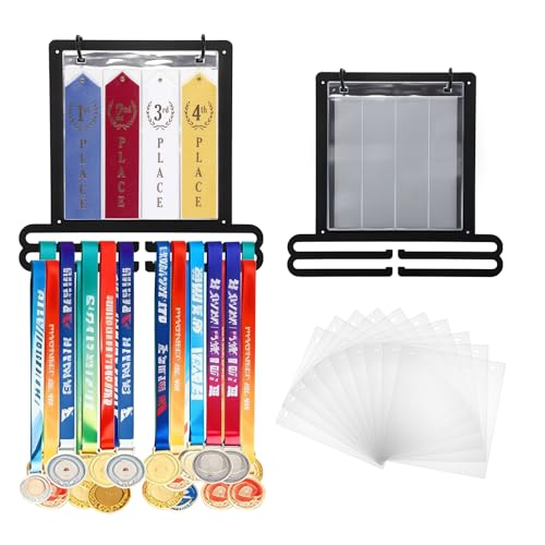 OGANAZI Race Medal Hanger Display Wall-mounted Running Medal Display for Marathon Gymnastics Swimming Athletes Marathon Medal Holder with 10 Award Ribbon Holders Metal Black Style 2