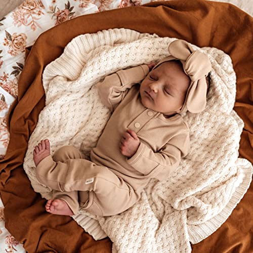 Infant Boys Girls Clothes Set Newborn Baby Romper Hat Ribbed Knit Long Sleeve Button Solid Bodysuit Jumpsuit (Beige, 0-3 Months) #TOP2