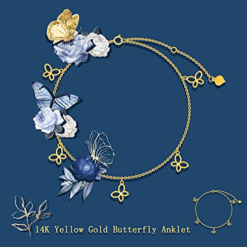 Image of SISGEM 14K Real Gold Butterfly Anklet for Women,Yellow Gold Butterfly Anklets Bracelets Beads Station Anklet Double Foot Link Beach Anklets Anniversary Birthday Jewelry Gifts for Wife Mom 8''+2''
