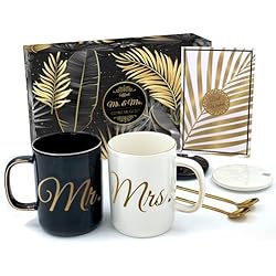 Cucharilla Triple Triple Gifffted Mr y Mrs Set de Tazas de Café con Tapa y Cuchara para Aniversario de Boda, Parejas Casadas, Regalo de Compromiso, Novias, Mujeres, Despedida de soltera, Navidad, Empaquetado de Lujo