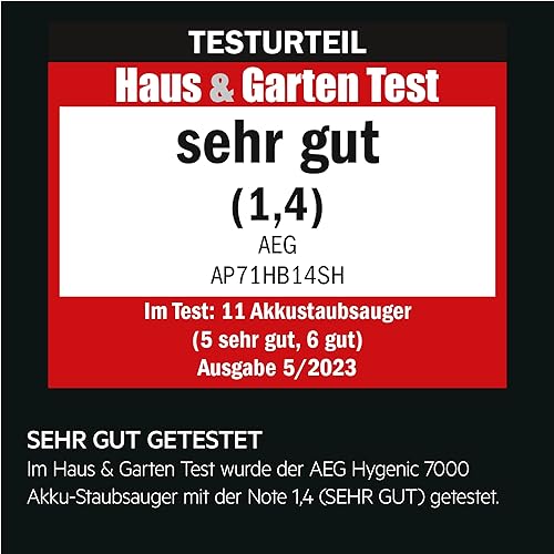 AEG HYGIENIC 7000 Akku-Staubsauger, Extra Kraftvoll, Ultraleicht 2,2 kg, Allergiker, bis zu 40 Min. Laufzeit, 120 m², 5-Stufige Filtration, Alle Böden, Automatik, inkl. Zubehör, AP71HB14SH
