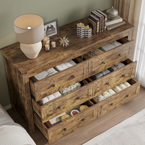 Image of BORNOON 6-Drawer Dresser, Modern Wooden Storage Chest of Drawers, Dresser TV Stand, Wood Drawer Organizer with Metal Handles for Bedroom, Living Room, Hallway