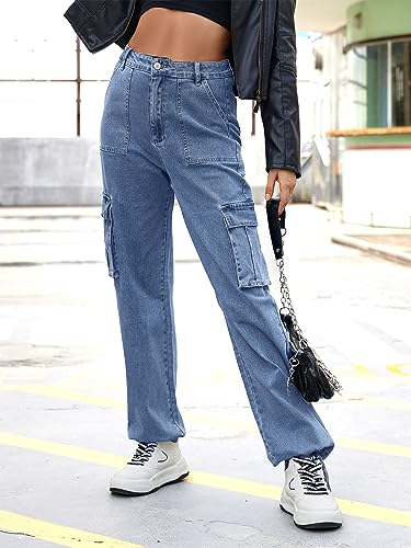 Dordanity Y2K Cargohose für Damen Baggy Hosen High Waist Wanderhose Baumwolle Arbeitshose mit Multi Taschen(Denim Blau,L)