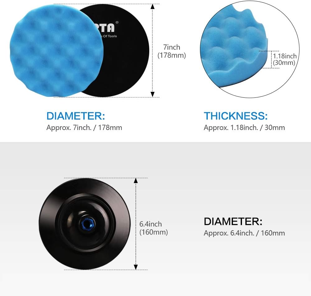 SPTA Polishing pad, Buffing pad, 7''/180mm Sponge Polishing Pad Kit with 5 Waffle Foam 1 Wool Grip Pad and a 5/8"-11 Threaded Backing Plate for Car Buffer Polisher Sanding,Polishing, Waxing : Automotive