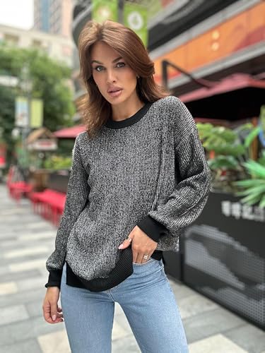 Image of Zeagoo Women 2026 Fall Lightweight Oversized Sweater Crew Neck Long Sleeve Color Block Pullover Rib Knit Blouse Tops XS-2XL