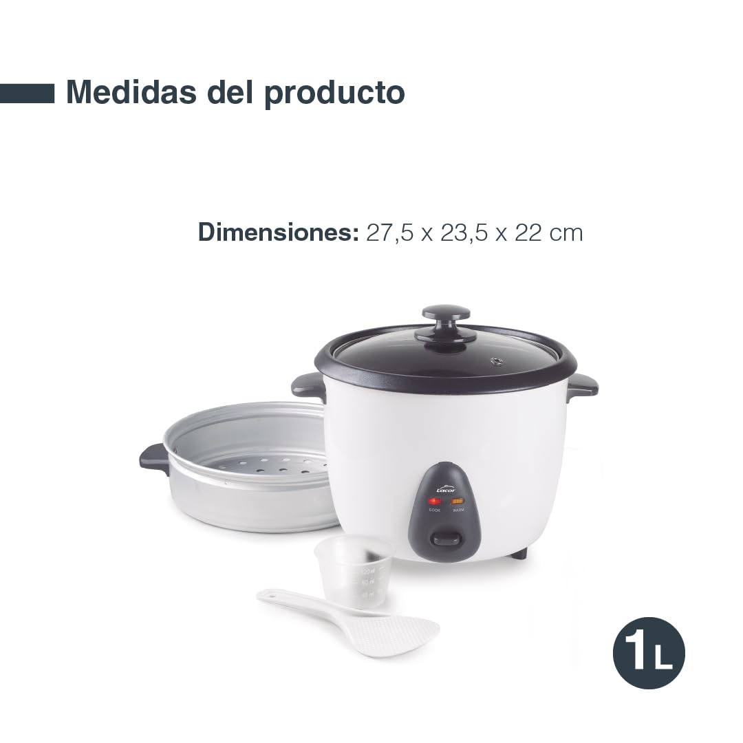 Lacor - 69441 - Arrocera Eléctrica 1 L, 5 Raciones, Antiadherente ECO, Tapa de Vidrio, Luces Indicadoras, 100% Estable, Fácil Limpieza, 100% libre de PFOA, Negro, Dimensiones: 27.5x23.5x22 cm
