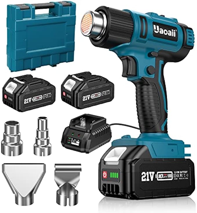 Cordless Heat Gun, Uaoaii 21V Hot Air Gun w/ 2x 4.0Ah Rechargeable Battery, 4 Nozzle, Led Light & Suitcase, 2-Temp Setting Max 1022°F(550°C) Heat Gun for Crafts, Shrink Tubing, Resin & Decorating