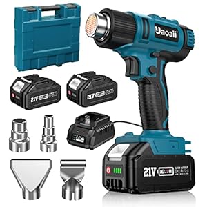 Cordless Heat Gun, Uaoaii 21V Hot Air Gun w/ 2x 4.0Ah Rechargeable Battery, 4 Nozzle, Led Light & Suitcase, 2-Temp…