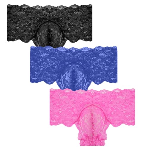 AIEOE Juego de 3 bragas de encaje sexy para hombre, delgadas, elásticas, de encaje, cintura baja, ropa interior transparente, tallas S-XXL, Rosa + Negro + Azul, M