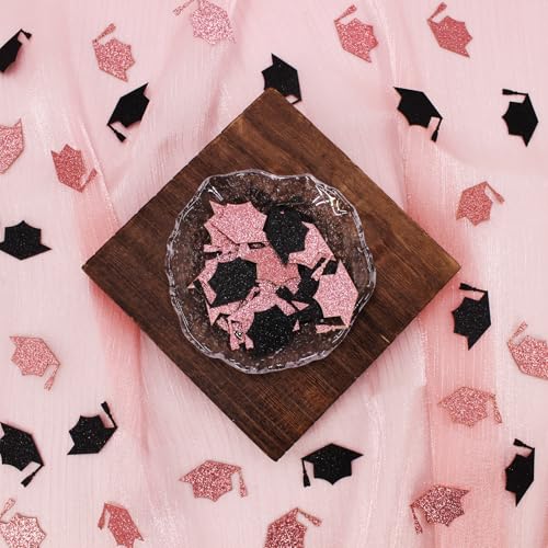 Image of 200PC Black Rose Gold Grad Cap Graduation Confetti for Table Glitter Graduation Hat Table Scatter for Class of 2026 Grad Party Decorations