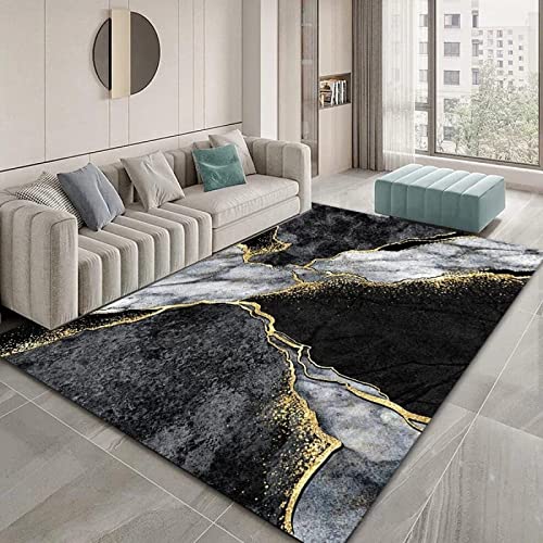 makeups1 Modern Short Pile Area Carpet Gold Waves Striped Grey Black Marble Pattern Non-Slip Non-Shedding Living Room Bedroom Area Rug 110 X 150 CM