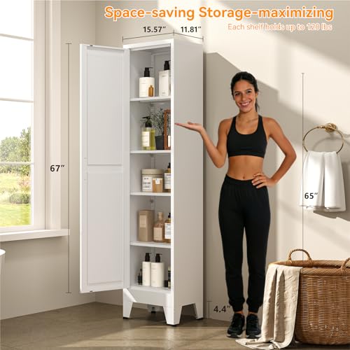 Image of 67 inch Tall Storage Cabinet with Reversible Doors and Adjustable Shelves,Metal Slim Freestanding Cabinet for Bathroom Kitchen Garage Small Spaces,White1 Pack