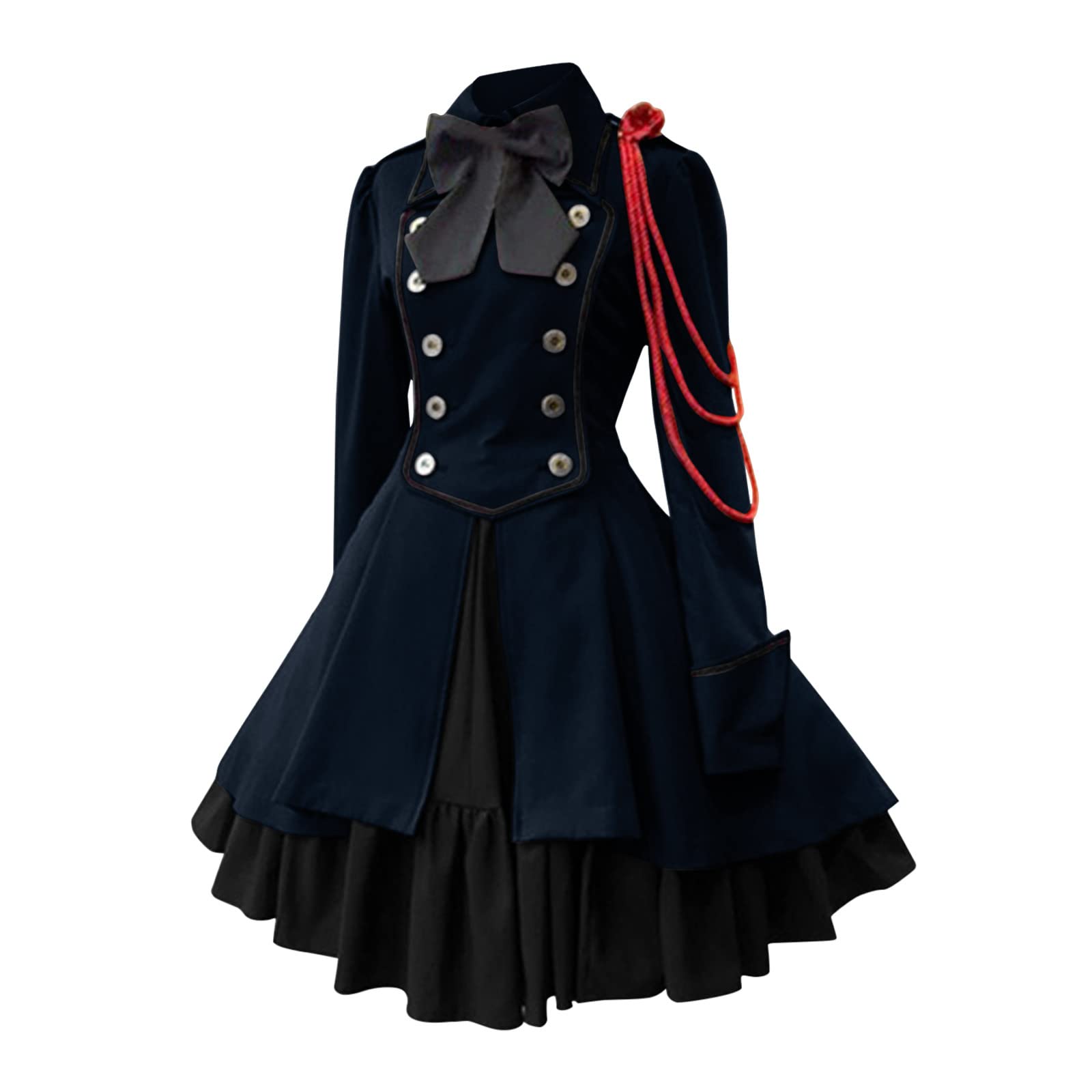 Dresses for Women UK Steampunk Gothic Dress Court Collar Long Sleeve Ruffled Patchwork Long Skirts Medieval Vintage Halloween Party Dresses,Lolita Gothic Vintage Bow Ruffle Steampunk Dress Dark Blue