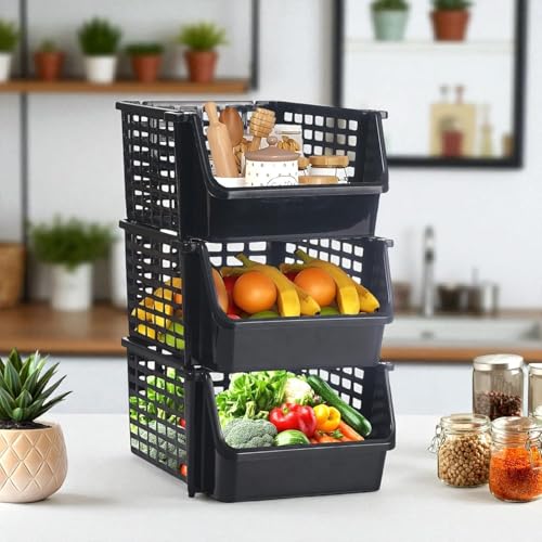 Image of ARTO Plastic Bathroom Organizer Rack - Stackable Storage Solution for Kitchen, Home, and Office | Versatile Basket Shelf for Vegetables, Fruits, and Stationery.