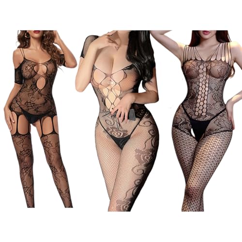 3pcs Lingerie for Women - Mesh Teddy Bodysuit, Plus Size, Naughty Outfit for Special Occasions (Black1, One Size)