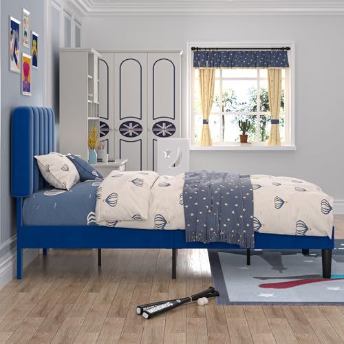 Image of VECELO Twin Size Bed Frame with Upholstered Headboard, Velvet Platform Bedframe Mattress Foundation, Strong Wood Slat Support, No Box Spring Needed,Blue