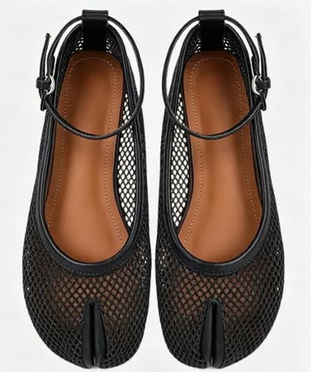 Image of Wnshonzy Mesh Ballet Flats for Women Round Toe Buckle Strap Fishnet Mary Jane Flats Comfy Casual Office Womens Summer Flats Shoes