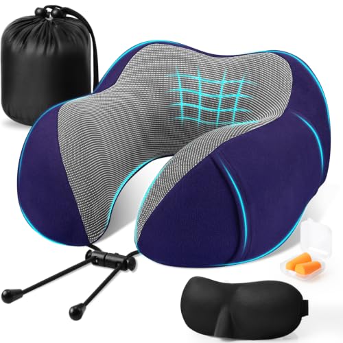 Image of CloudBliss Travel Pillow for Airplane, Memory Foam Neck Pillow for Traveling, Flight Pillow with Eye Mask, Earplugs, Storage Bag, Compact Neck Pillow for Long Flight Travel, Travel Essentials, Navy