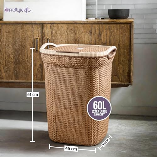 Image of PrettyKrafts Rattan Style 60L Plastic Knit Laundry Basket - Dark Beige, Durable Toy Storage Basket Clothes Storage Organizer for Home & Bathroom, (61x45x35cm)