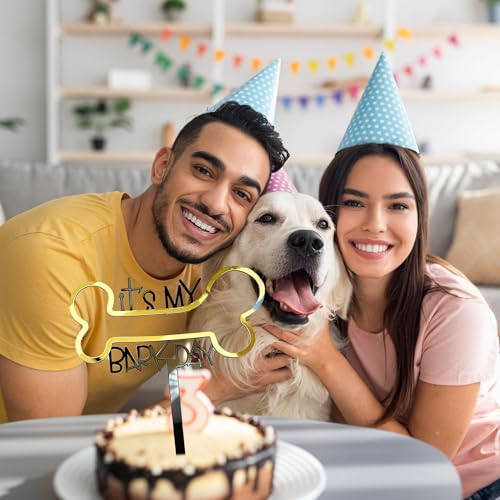 1 x Hunde-Geburtstagskuchen-Dekorationseinsatz,Goldener Hunde Knochen Kuchenaufsatz, Acryl Haustier Welpen Kuchen Topper Deko für Hunde Geburtstag, Stylische Haustier Kuchenaufsatz Deko