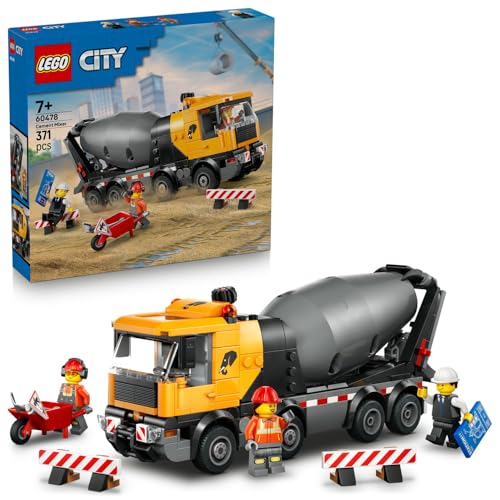 LEGO City Beton Mikseri 60478-7 Yaş ve Üzeri Çocuklar için 3 İnşaat İşçisi Minifigürü ve Aksesuarlar İçeren Yaratıcı Oyuncak Araba Yapım Seti, Erkek ve Kız Çocuklar için Hediye Fikri (371 Parça)