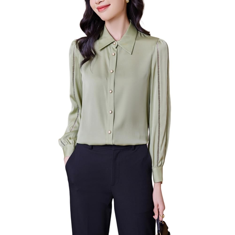 DISSA Camisa de seda para mujer con botones de manga larga blusa túnica de seda tops casuales de encaje de alas tops lisos,S9615