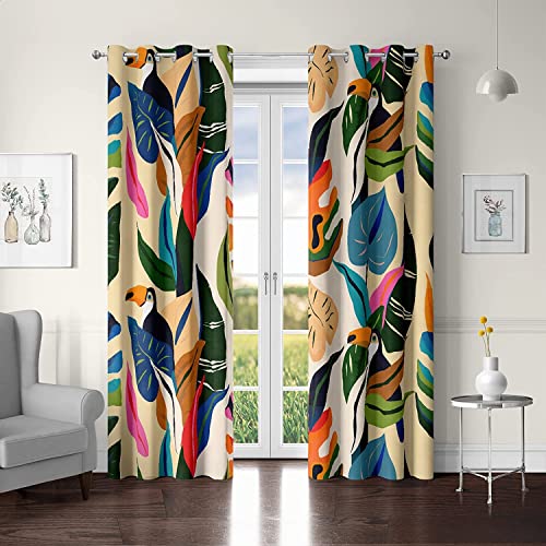 Tubeamin Colorful Tropical Plant Curtains Abstract Palm Leaf Window Treatments 96 Inch Long Decor Boho Jungle Birds Grommet Room Darkening Curtain For Kids Bedroom, Living Room, Art Gallery #TOP1