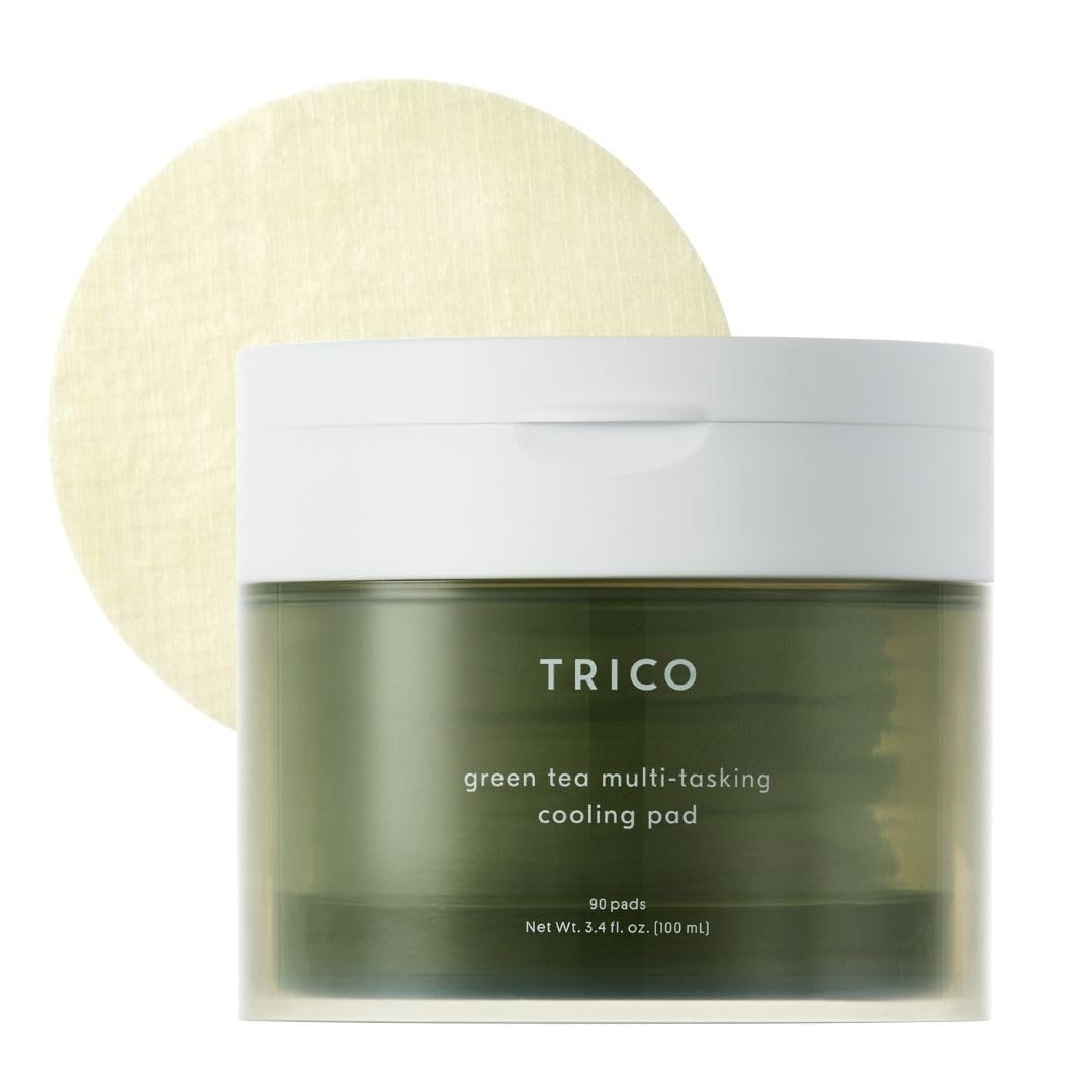 TRICO Green Tea Multi-Tasking Cooling Pad, 3-1 Korean Toner Pads with Depuffing, Cooling & Moisturizing Effects for All Skin Types - Green Tea Water from Jeju Island, Lemon & Honey Extract - 90 Pads