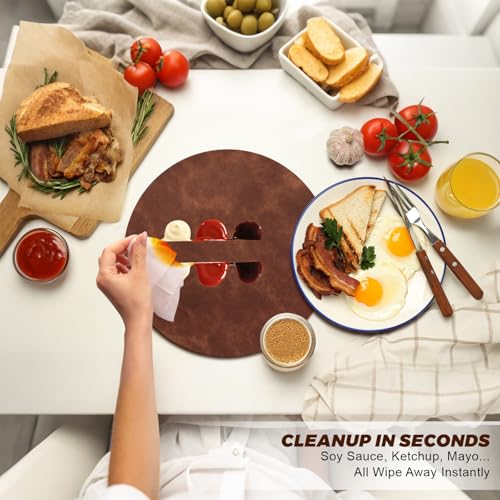 Image of UnivoColors Placemats Round Faux Leather Placemats Set of 6-Waterproof-Wipe Clean-Heat Resistant-Anti Slip Dining Table Place Mats,Suitable for Indoor & Outdoor Use,15 inch.Retro Coffee Brown