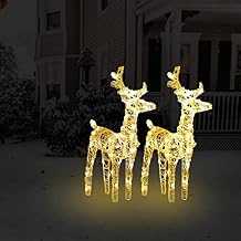Christmas Reindeers 2 pcs Warm White 80 LEDs Acrylic, Pre-Lit Christmas Glittering Reindeer, Light Outdoor Holiday Mesh Standing Buck Deer Decorations for Home Lawn Yard Garden Indoor Outdoor