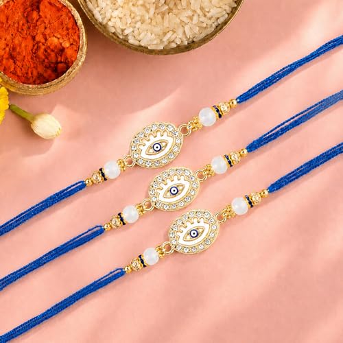 Image of Peora Evil Eye & Crystals Studded Rakhi for Brother Bhaiya | Red Thread | Raksha Bandhan Hamper with Roli Chawal Greeting Card