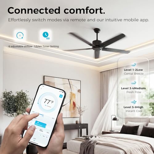 Image of Obabala 52 Inch Ceiling Fan No Light, Modern Black Ceiling Fan Without Light with Remote & APP, Quiet Reversible DC Motor, 6-Speeds, for Living Room, Bedroom, Patio