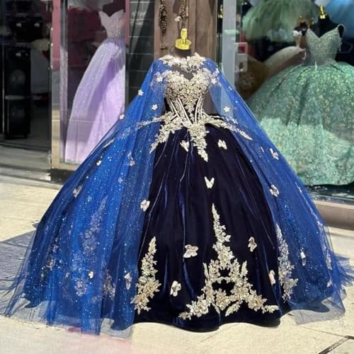 TRHTX Princess Velvet Quinceanera Dresses with Cape Sparkly Gold Butterfly Appliques Sweet 16 Dresses Lace Ball Gown2