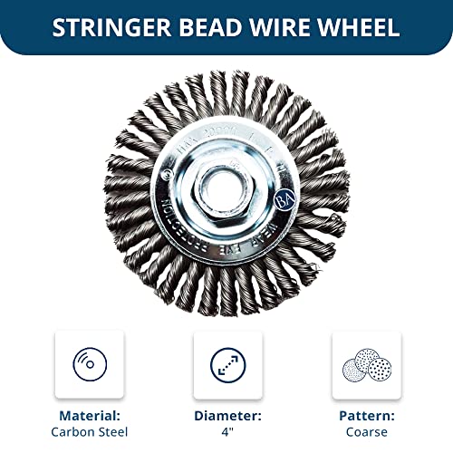 Image of Benchmark Abrasives 4 inch x 3 /16 inch Stringer Bead Wire Wheel with 5 /8 inch-11 Thread, for Weld Cleaning, Weld Spatter Removal, Stripping, Deburring, Use with Angle Grinders - (4 inch x 3 /16 inch, Carbon)