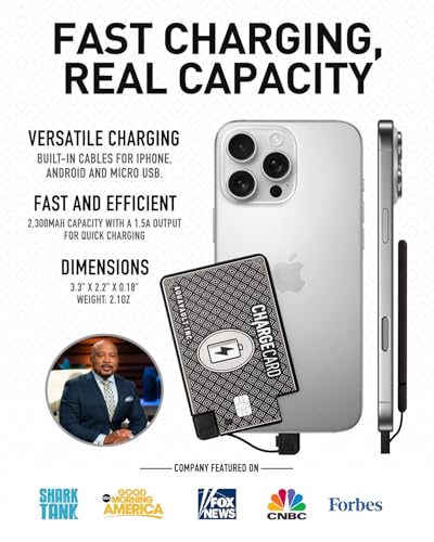 AquaVault ChargeCard – Ultra Slim Emergency Power Bank (2300mAh) – Fits in Wallet – USB-C & Micro-USB – Durable Steel Body – Flight-Safe Pocket Charger for iPhone 16/15/14/13/12, Android - (Black)