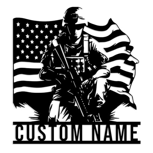Custom Us Soldier Military Metal Wall Art,Personalized Army Soldiers Silhouette Name Metal Sign, Shooting Game Signs