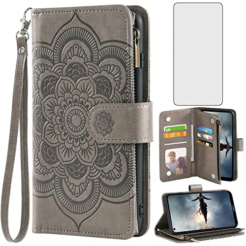 Asuwish Phone Case for Nokia X100 5G Wallet Cover with Tempered Glass Screen Protector and Flower Leather Flip Credit Card Holder Stand TPU Cell Accessories NokiaX100 X 100 100X TA-1399 Women Men Grey