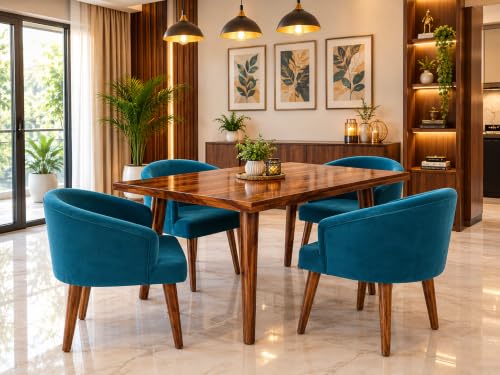 Image of DaneWood Wooden Dining Table 4 Seater | Four Seater Dinning Table with 4 Upholstered Dining Chairs | Dining Room Sets for Restaurants | Sheesham Wood | Honey Finish & Blue Velvet Fabric Chairs