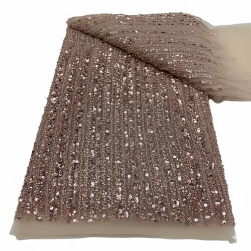 Tissu à paillettes rayées verticales rose 5 yards brodé de perles pour robe