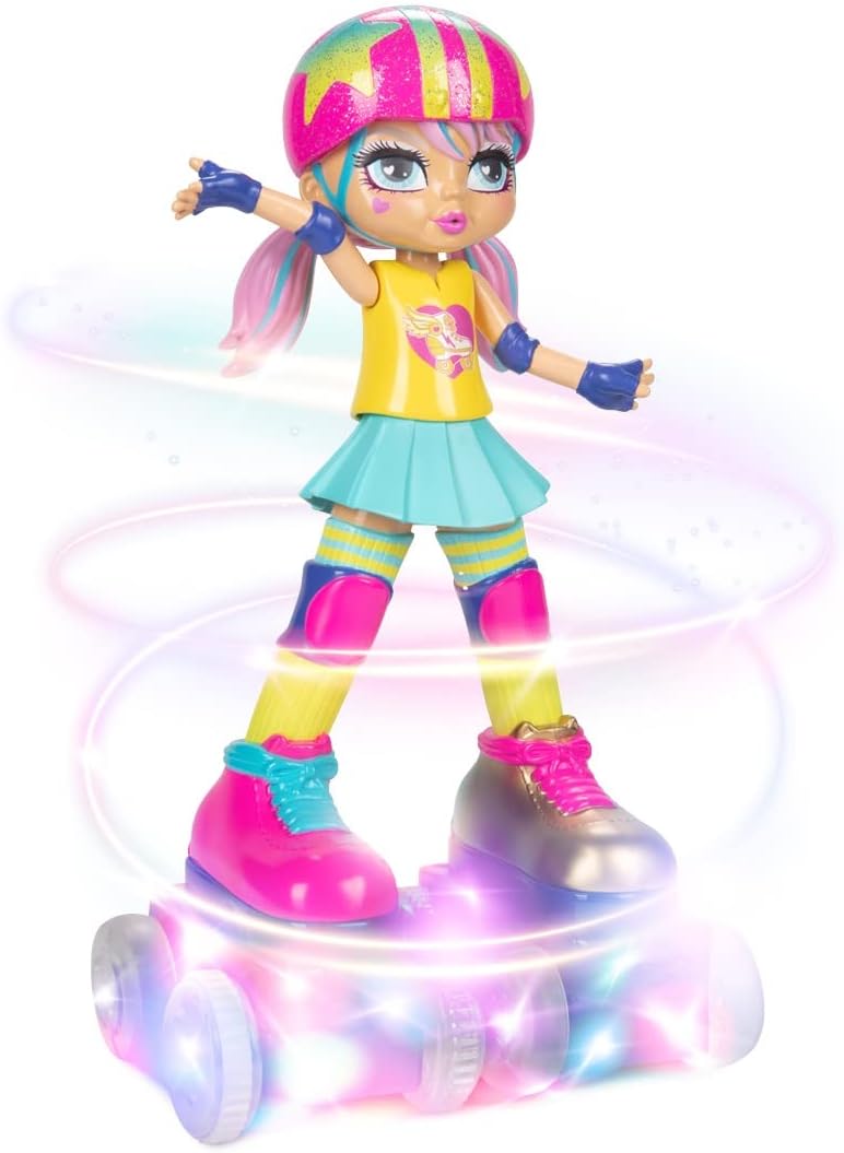 JAKKS Pacific Rock N Rollerskate Doll Rainbow Riley Light Up Remote Control Rollerskating Doll - Plays Music and Skates!, 10" H