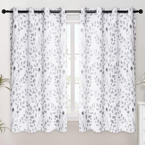 Image of MYSKY HOME Grey Leaf Curtains 63 Inch Length for Bedroom Grommet 2 Panels | Privacy Protection Room Darkening Thermal Insulated Gray Printed Window Drapes for Kitchen Living Room, Each Panel 52 inch W