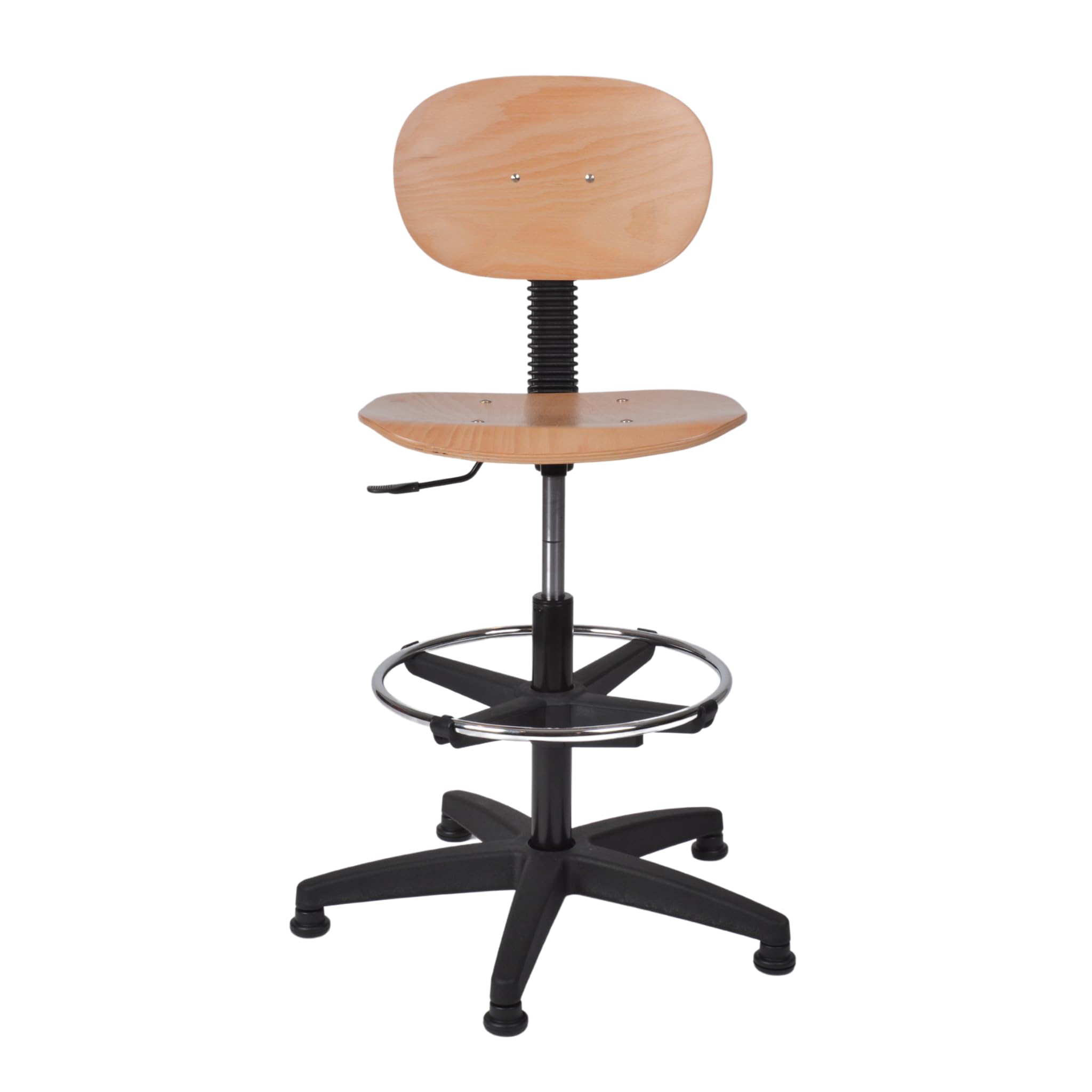 Topsit Sedia da lavoro IND114 in legno di faggio laccato chiaro, sedia da laboratorio, regolazione continua dell'altezza del sedile con Toplift, anello per piedi cromato, croce in plastica con piedini