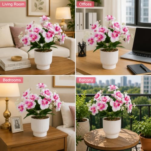 Image of CURATED CART Flower Pot with Artificial Flowers - Orchid White & Pink Flower with White Vase | Ideal for Home Decor | Office Decor | Gifting | Size 25 x 15cm