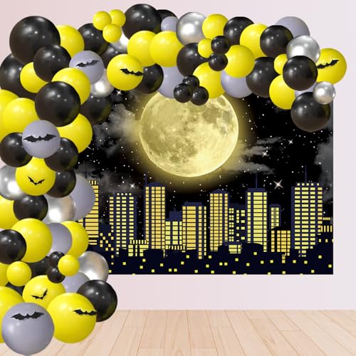 129Pcs Superhero Super City Backdrop 5x3FT Black Yellow and Silver Balloons Arch Kit Full Moon Bat Photo Background Baby Shower Bat Theme Birthday Party Decorations
