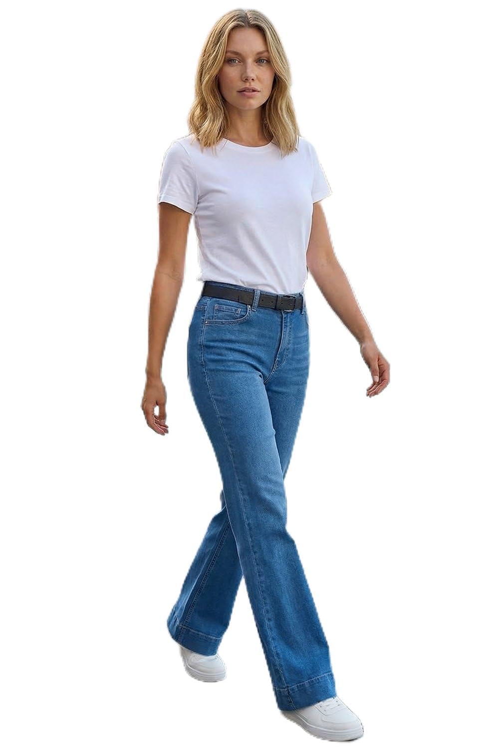 Roman Originals Women's Denim Flared Cotton Jeans For Uk - Stretchy Trousers Bootleg Bootcut High Waist Office Casual Work Tapered Narrow Boho Flattering Bottoms - Size 14