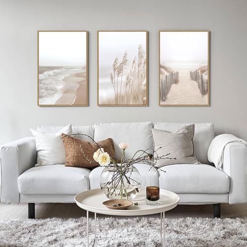 Image of Neutral Beach Pampas Grass Wall Art Boho Coastal Canvas Prints Wall Decor, Ocean Shore Landscape Scene Framed Ocean Theme Nature Wilderness Artwork for Living Room Bedroom, Set of 3, 16x24 Inch
