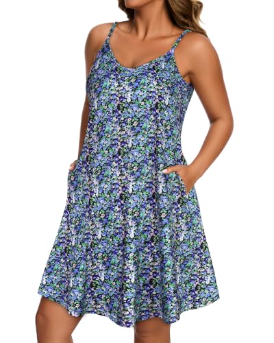 Image of Womens Spaghetti Strap Dress Summer Dresses Beach Pocket Casual Sundresses | 2026 Adjustable Spaghetti Straps Casual Beach Dress,Boho Sundress with Pockets ,Fashion V Neck Outfits,Beach Cover Ups